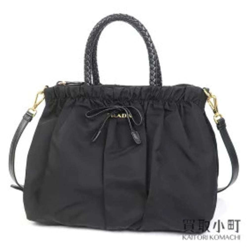 Prada Tessuto Metal Bow Tote Bag Black Ribbon Attached Shoulder Handbag Nero